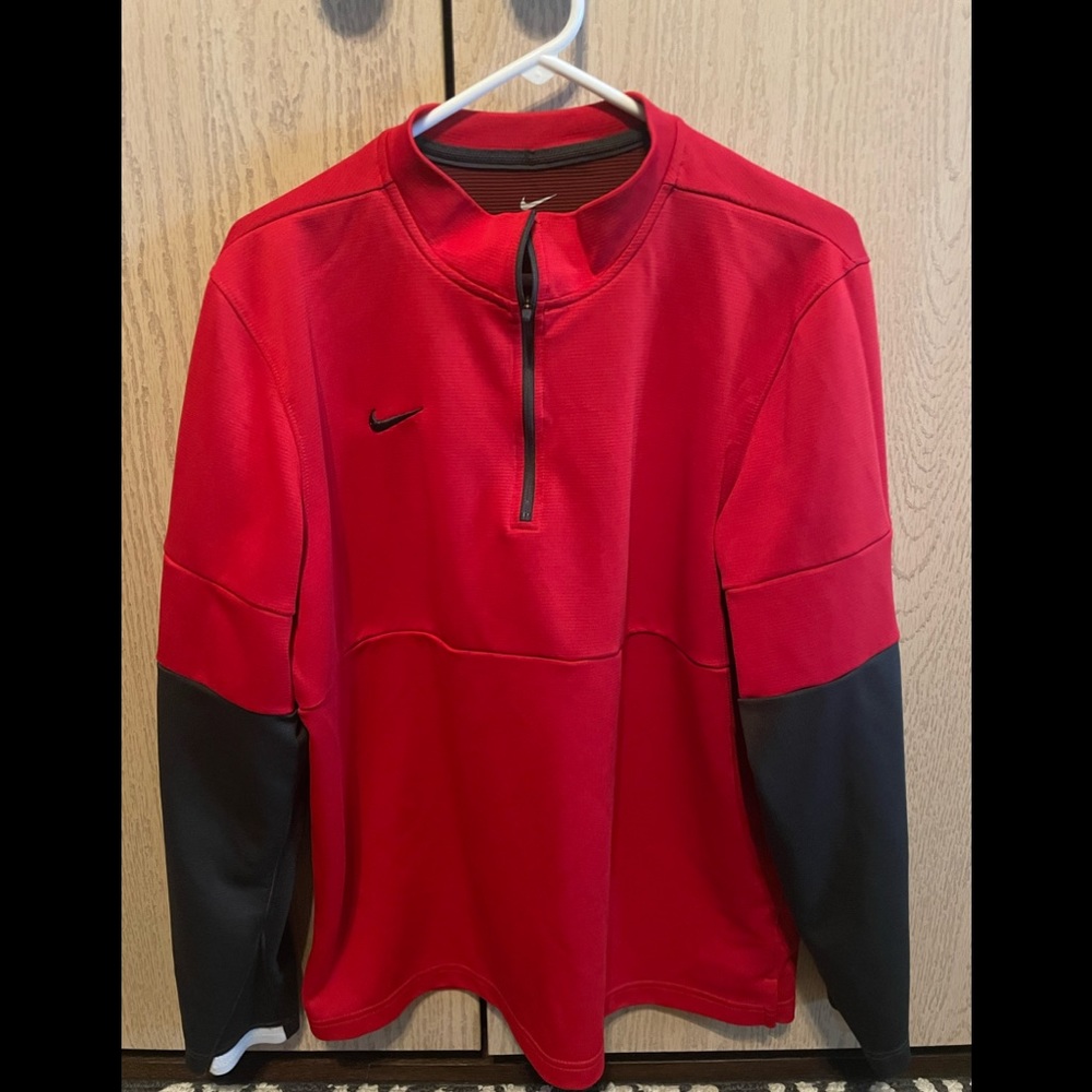 Mens Nike Pullover Shirt Red Quarter Zip Textured Long Sleeve Size L Large